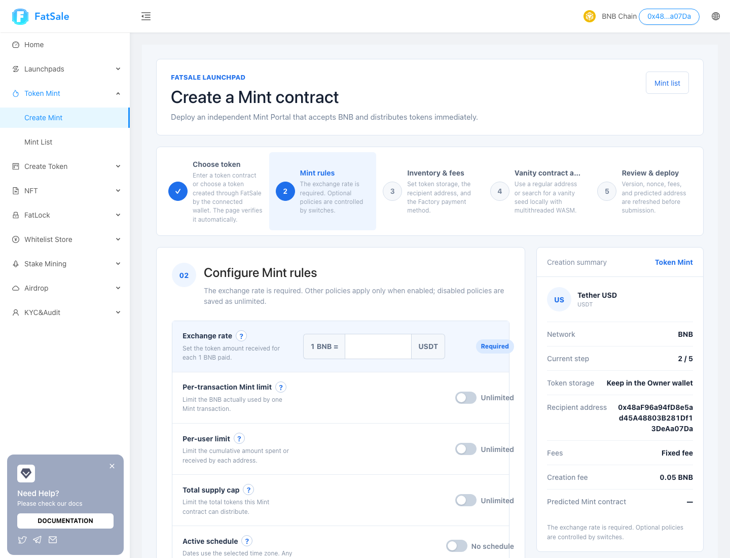 Rate, limits, schedule, blocklist, and initial status