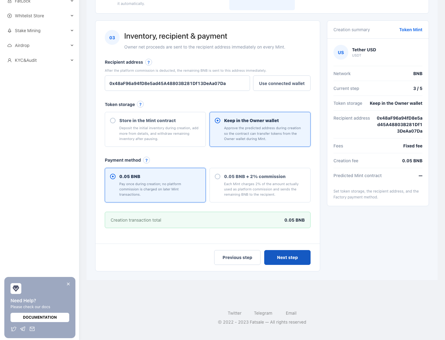 Inventory, recipient, and payment plan