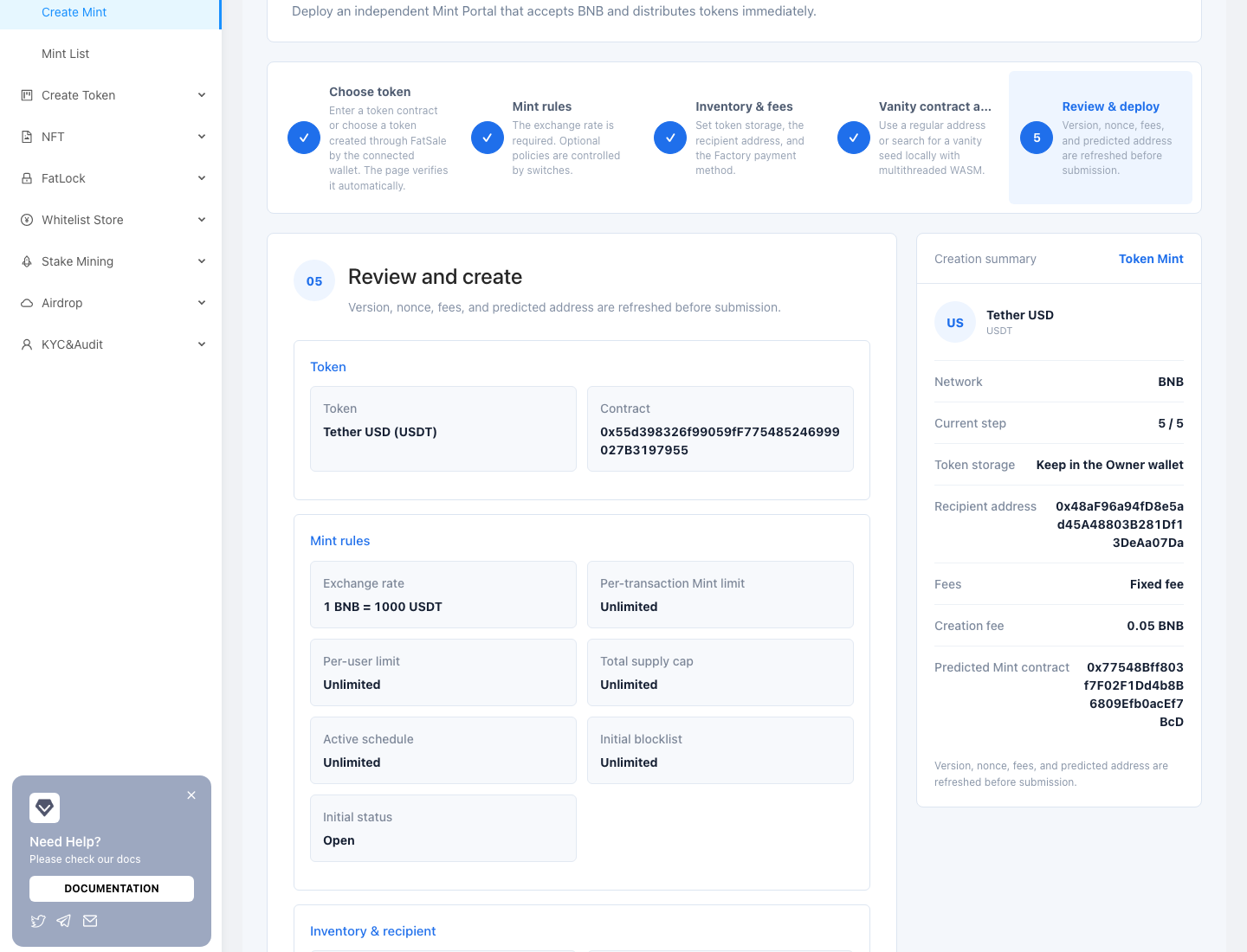 Review the asset, rules, fee, and predicted address