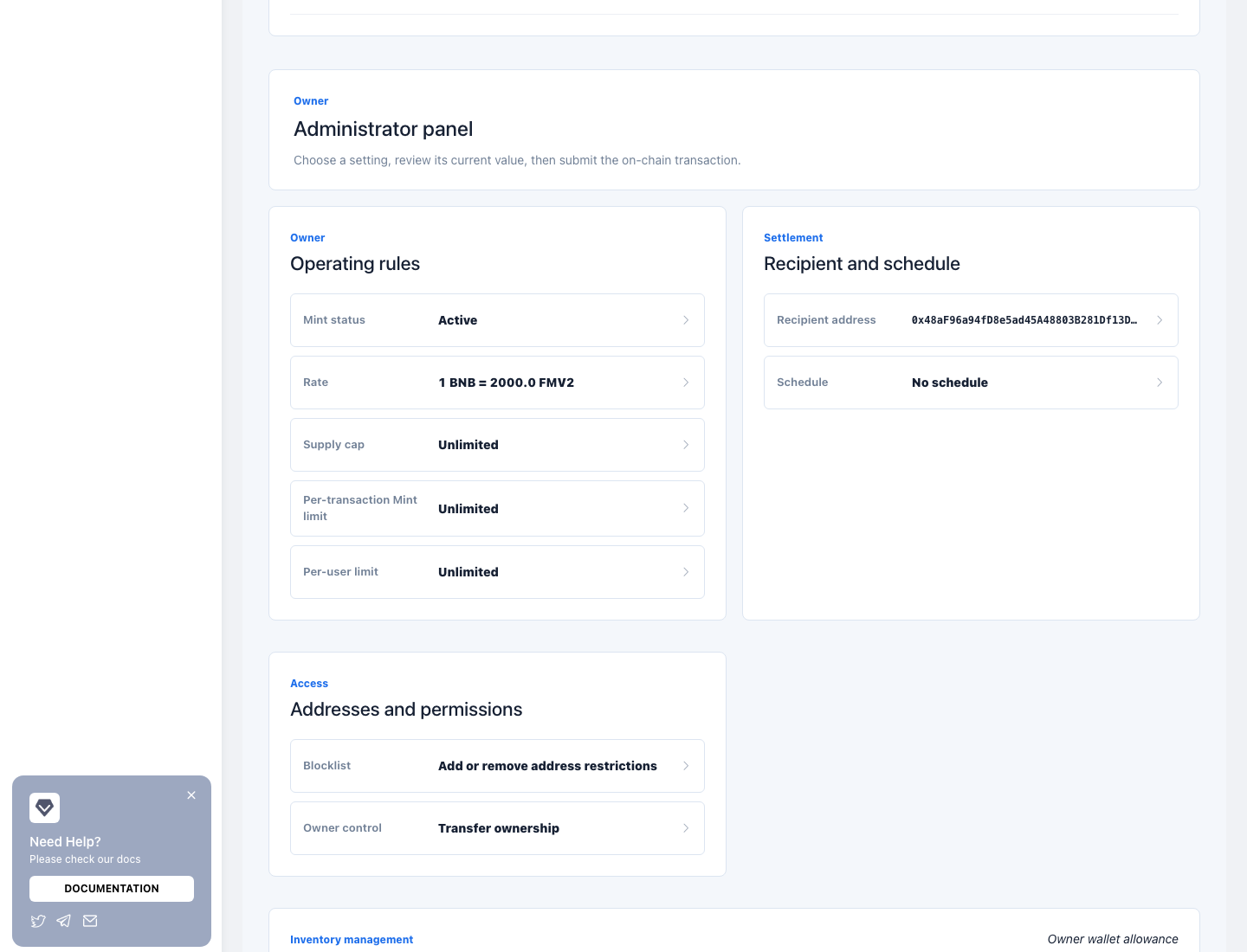 Owner controls for rules, settlement, access, and inventory